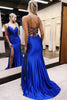 Load image into Gallery viewer, Royal Blue Spaghetti Straps Ruched Beaded Long Satin Prom Dress with Slit