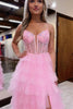 Load image into Gallery viewer, Sparkly Pink Spaghetti Straps Tiered Long Corset Prom Dress with Slit