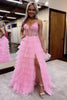 Load image into Gallery viewer, Sparkly Pink Spaghetti Straps Tiered Long Corset Prom Dress with Slit