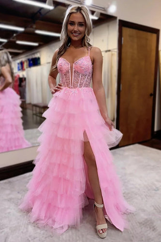 Sparkly Pink Spaghetti Straps Tiered Long Corset Prom Dress with Slit