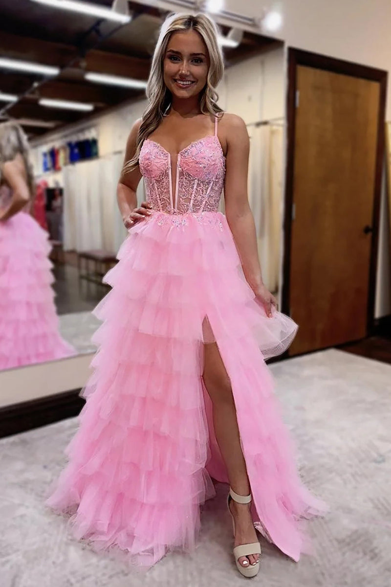 Load image into Gallery viewer, Sparkly Pink Spaghetti Straps Tiered Long Corset Prom Dress with Slit