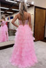 Load image into Gallery viewer, Sparkly Pink Spaghetti Straps Tiered Long Corset Prom Dress with Slit