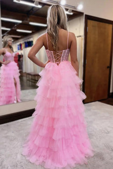 Sparkly Pink Spaghetti Straps Tiered Long Corset Prom Dress with Slit