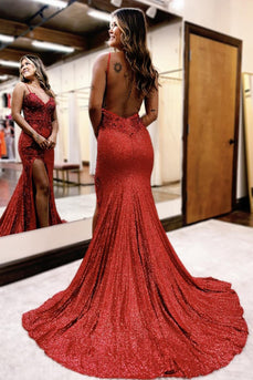 Sparkly Dark Red Sequin Floral Spaghetti Straps Long Prom Dress with Slit