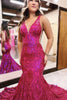 Load image into Gallery viewer, Sparkly Fuchsia Mermaid V-Neck Backless Long Prom Dress