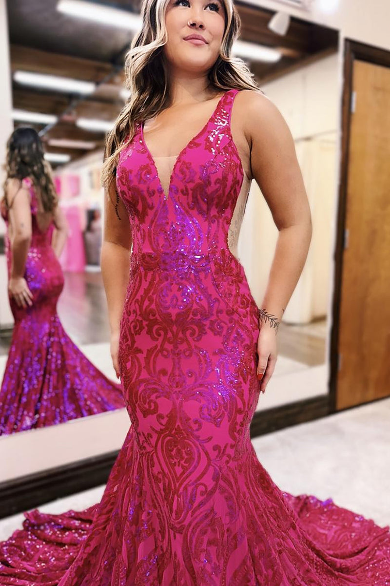 Load image into Gallery viewer, Sparkly Fuchsia Mermaid V-Neck Backless Long Prom Dress