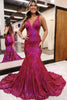 Load image into Gallery viewer, Sparkly Fuchsia Mermaid V-Neck Backless Long Prom Dress