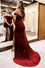 Load image into Gallery viewer, Burgundy Off the Shoulder Corset Velvet Long Prom Dress With Slit