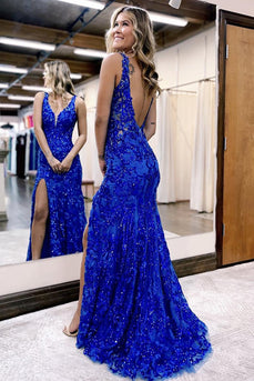 Sparkly Royal Blue Floral Backless Long Corset Prom Dress With Slit