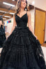 Load image into Gallery viewer, Sparkly Black Tiered Spaghetti Straps Long Tulle Prom Dress