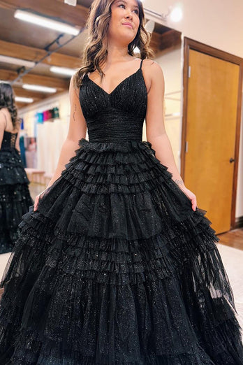 Sparkly Black Tiered Spaghetti Straps Long Tulle Prom Dress