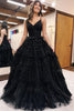 Load image into Gallery viewer, Sparkly Black Tiered Spaghetti Straps Long Tulle Prom Dress