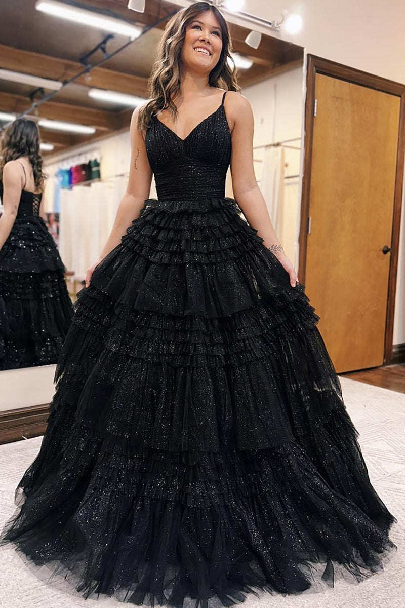 Load image into Gallery viewer, Sparkly Black Tiered Spaghetti Straps Long Tulle Prom Dress