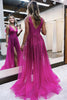 Load image into Gallery viewer, Sparkly Fuchsia Corset Beaded Long Tulle Prom Dress with Slit