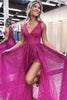 Load image into Gallery viewer, Sparkly Fuchsia Corset Beaded Long Tulle Prom Dress with Slit