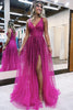 Load image into Gallery viewer, Sparkly Fuchsia Corset Beaded Long Tulle Prom Dress with Slit