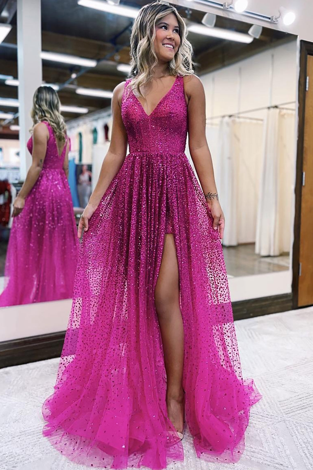 Sparkly Fuchsia Corset Beaded Long Tulle Prom Dress with Slit