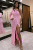 Load image into Gallery viewer, Sparkly Pink One Shoulder Long Sleeves Sequin Long Prom Dress with Slit