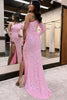 Load image into Gallery viewer, Sparkly Pink One Shoulder Long Sleeves Sequin Long Prom Dress with Slit