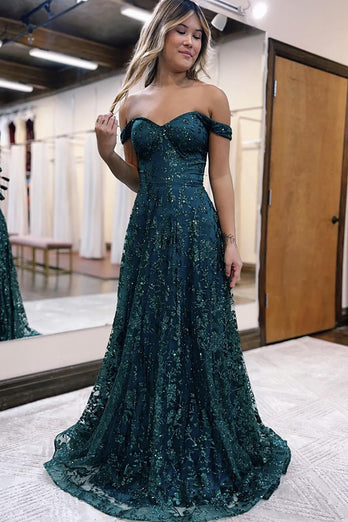 Sparkly Dark Green Floral Off the Shoulder Long Prom Dress