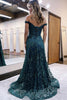 Load image into Gallery viewer, Sparkly Dark Green Floral Off the Shoulder Long Prom Dress