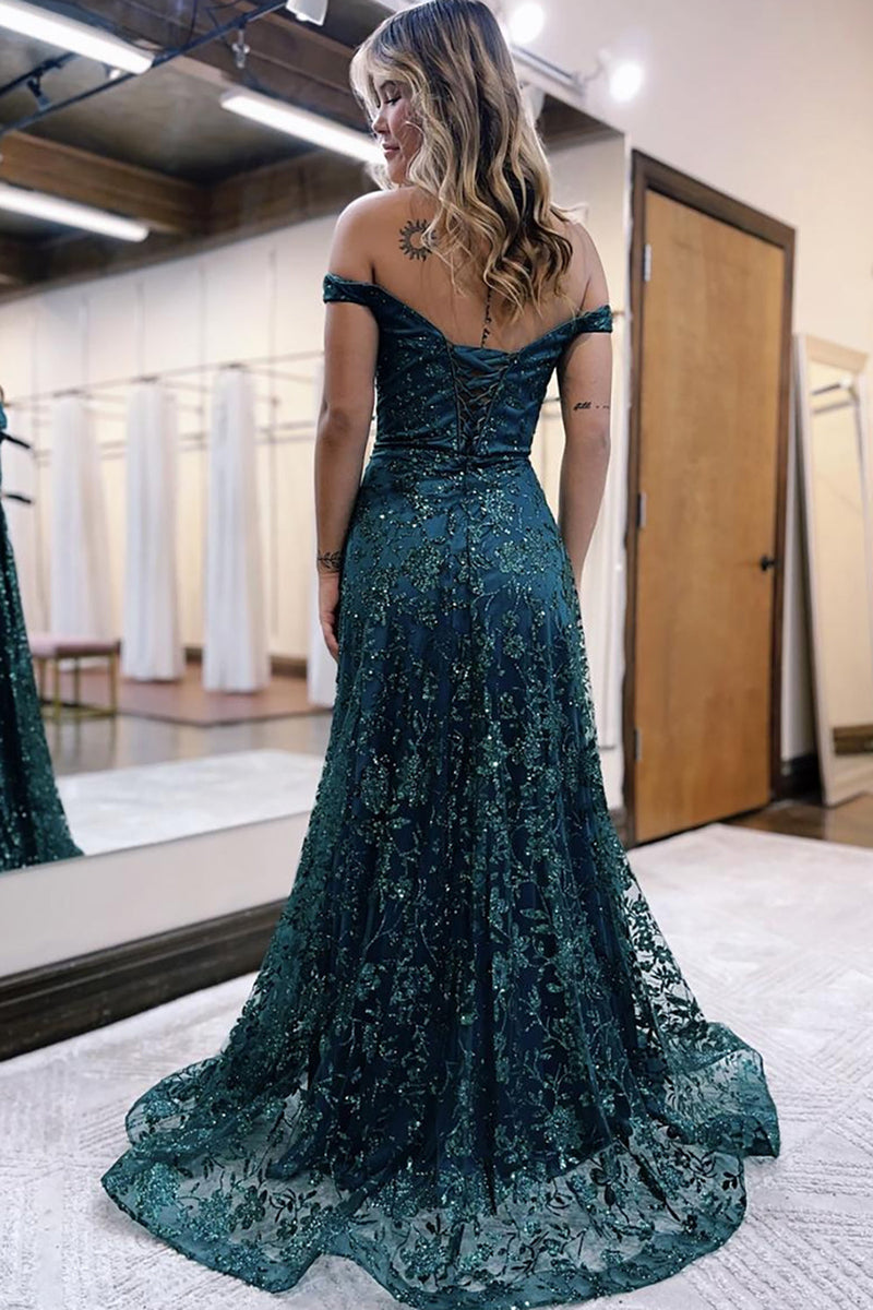 Load image into Gallery viewer, Sparkly Dark Green Floral Off the Shoulder Long Prom Dress