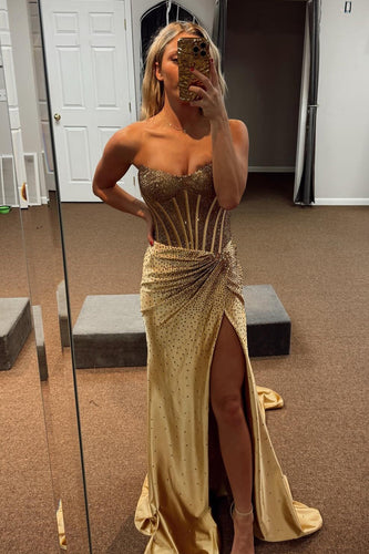 Sparkly Golden Mermaid Beaded Corset Strapless Long Prom Dress with Slit