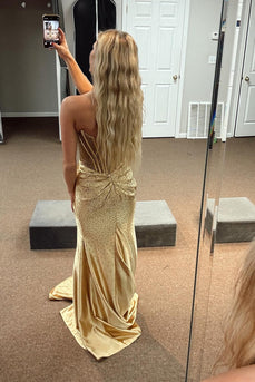 Sparkly Golden Mermaid Beaded Corset Strapless Long Prom Dress with Slit