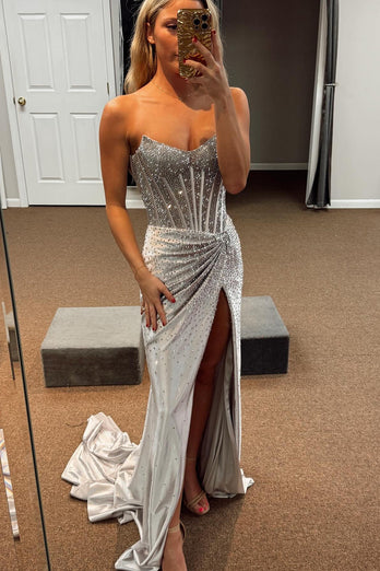 Sparkly Golden Mermaid Beaded Corset Strapless Long Prom Dress with Slit