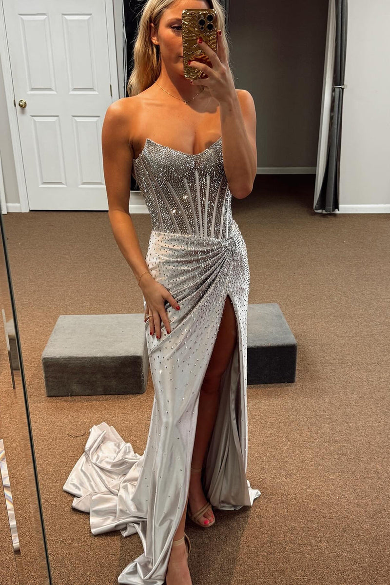 Load image into Gallery viewer, Sparkly Golden Mermaid Beaded Corset Strapless Long Prom Dress with Slit