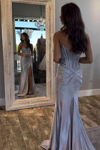 Sparkly Golden Mermaid Beaded Corset Strapless Long Prom Dress with Slit