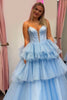 Load image into Gallery viewer, Princess Blue Corset A Line Tiered Long Satin Prom Dress