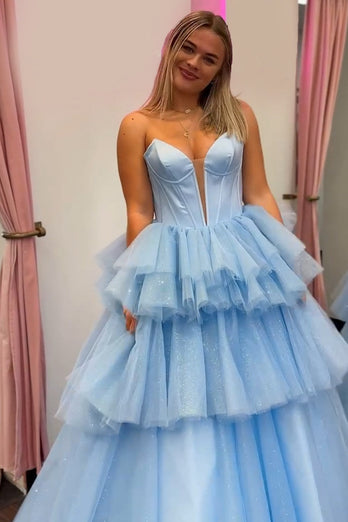 Princess Blue Corset A Line Tiered Long Satin Prom Dress