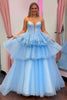 Load image into Gallery viewer, Princess Blue Corset A Line Tiered Long Satin Prom Dress