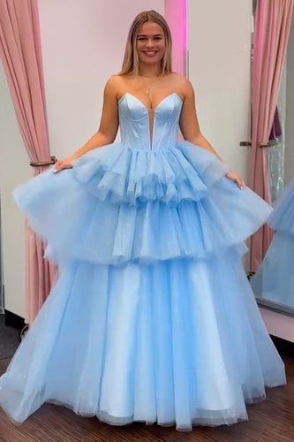 Princess Blue Corset A Line Tiered Long Satin Prom Dress