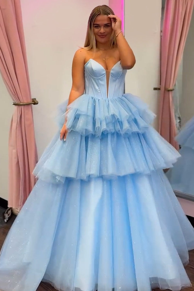 Load image into Gallery viewer, Princess Blue Corset A Line Tiered Long Satin Prom Dress