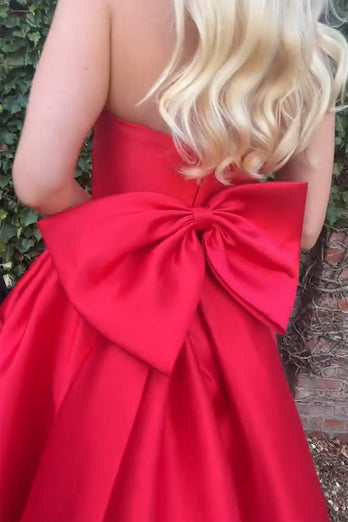 Elegant Red A Line Long Satin Prom Dress with Bow