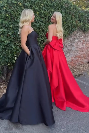 Elegant Red A Line Long Satin Prom Dress with Bow