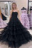 Load image into Gallery viewer, Black A Line Tiered Strapless Long Tulle Prom Dress