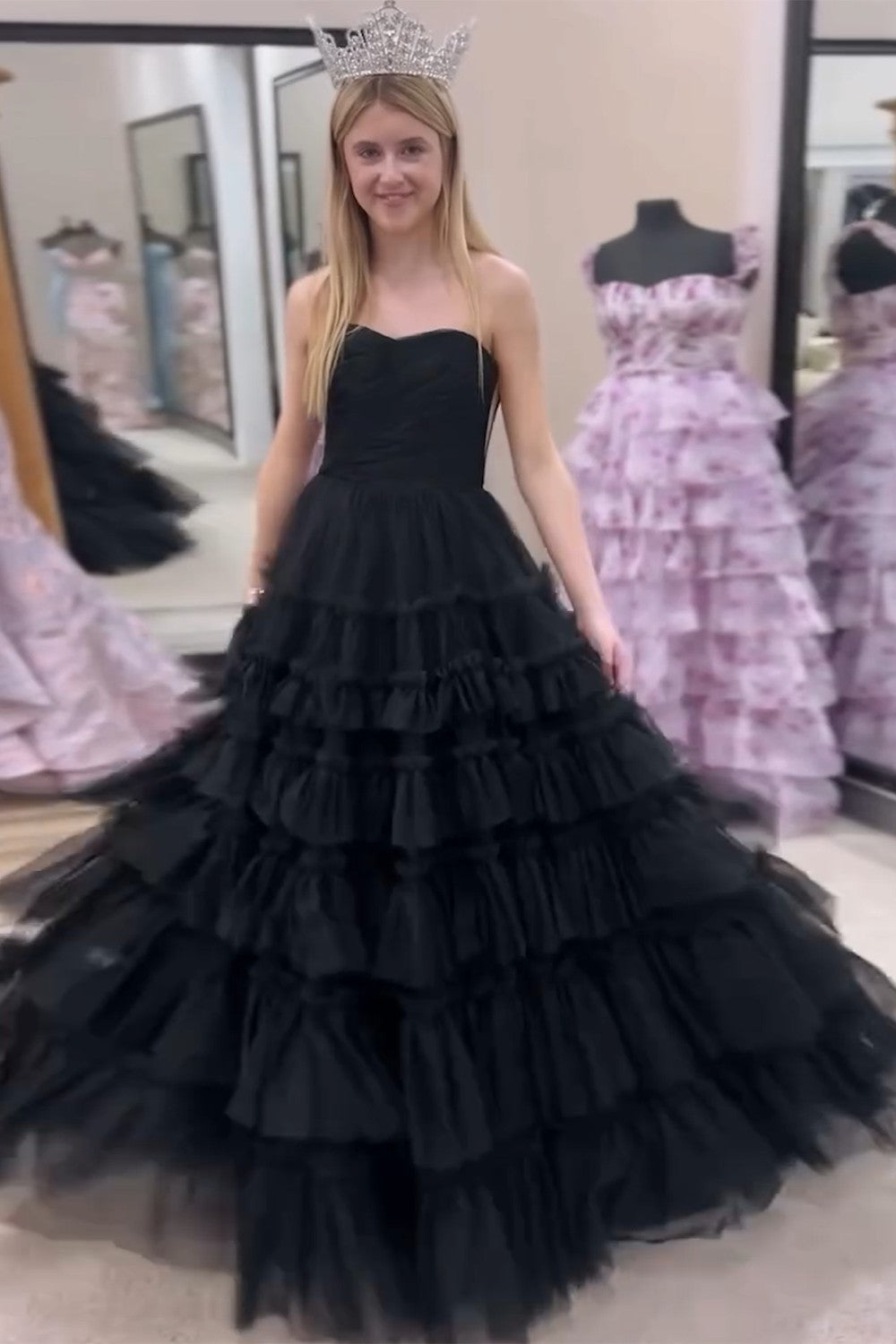 Black A Line Tiered Strapless Long Tulle Prom Dress