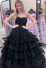 Load image into Gallery viewer, Black A Line Tiered Strapless Long Tulle Prom Dress