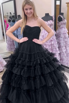 Black A Line Tiered Strapless Long Tulle Prom Dress