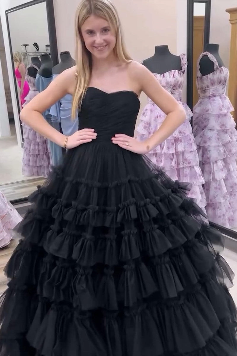 Load image into Gallery viewer, Black A Line Tiered Strapless Long Tulle Prom Dress