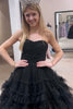 Load image into Gallery viewer, Black A Line Tiered Strapless Long Tulle Prom Dress