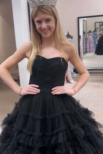 Black A Line Tiered Strapless Long Tulle Prom Dress