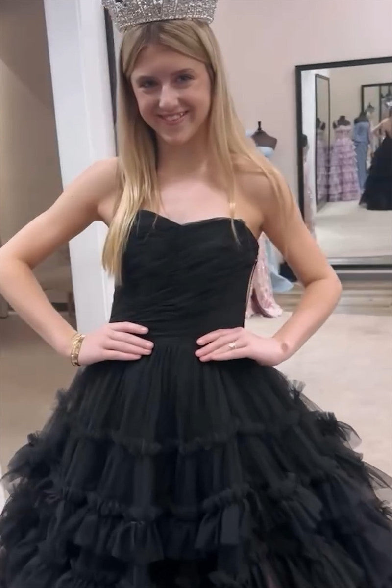 Load image into Gallery viewer, Black A Line Tiered Strapless Long Tulle Prom Dress