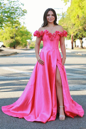 Red Corset Satin A Line Long Prom Dress with Flowers