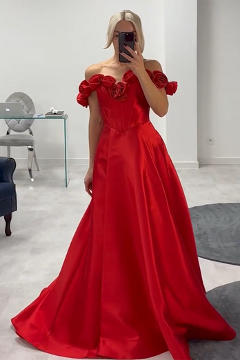 Red Corset Satin A Line Long Prom Dress with Flowers