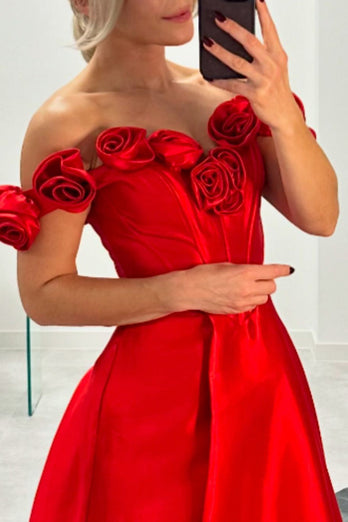 Red Corset Satin A Line Long Prom Dress with Flowers