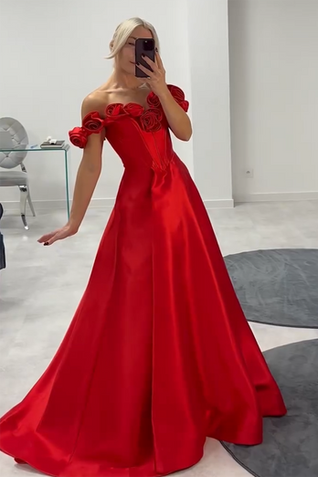 Red Corset Satin A Line Long Prom Dress with Flowers